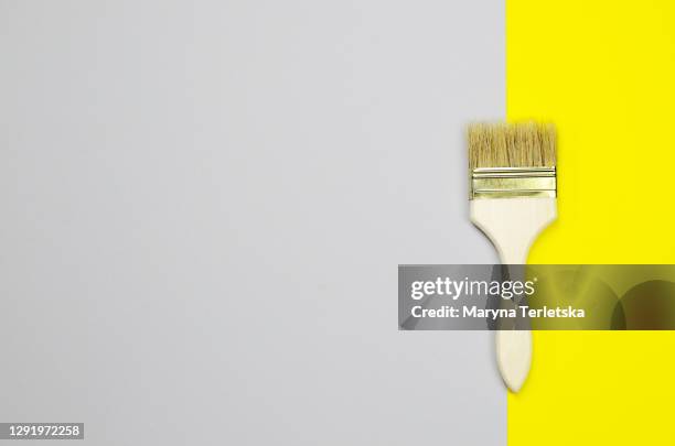 paint brush on a light background in the trendy color combination of the year. - diy top view stock pictures, royalty-free photos & images