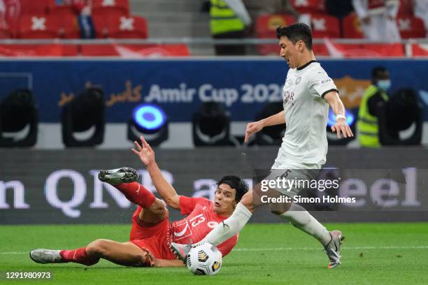 Sebastian Soria of Al Arabi shoots at goal during the Emir Cup Final between Al Sadd and Al Arabi at Al Rayyan Stadium on December 18, 2020 in Doha,...