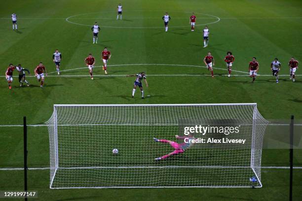 Daniel Johnson of Preston North End sends goalkeeper Daniel Bentley of Bristol City the wrong way to score from the penalty spot during the Sky Bet...