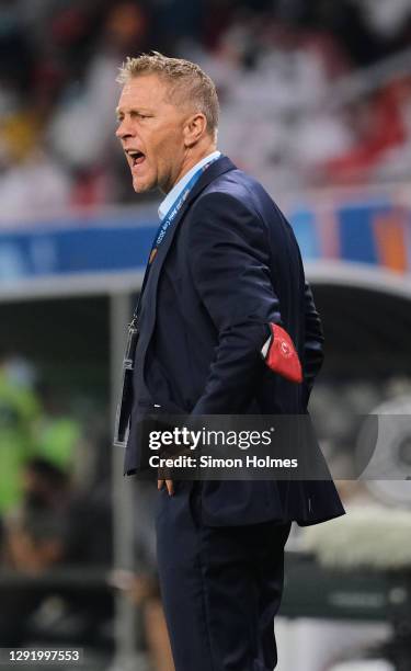 Al Arabi manager Heimir Hallgrímsson gives orders during the Emir Cup Final between Al Sadd and Al Arabi at Al Rayyan Stadium on December 18, 2020 in...