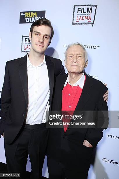 Marston Hefner and Hugh Hefner attend FilmDistrict's World Premiere of "The Rum Diary" at Bing Theatre at LACMA on October 13, 2011 in Los Angeles,...