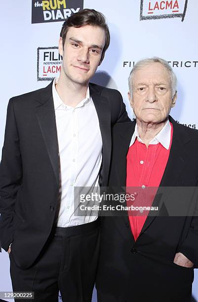 Marston Hefner and Hugh Hefner attend FilmDistrict's World Premiere of "The Rum Diary" at Bing Theatre at LACMA on October 13, 2011 in Los Angeles,...