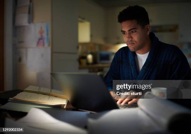 studying at home - bathrobe stock pictures, royalty-free photos & images