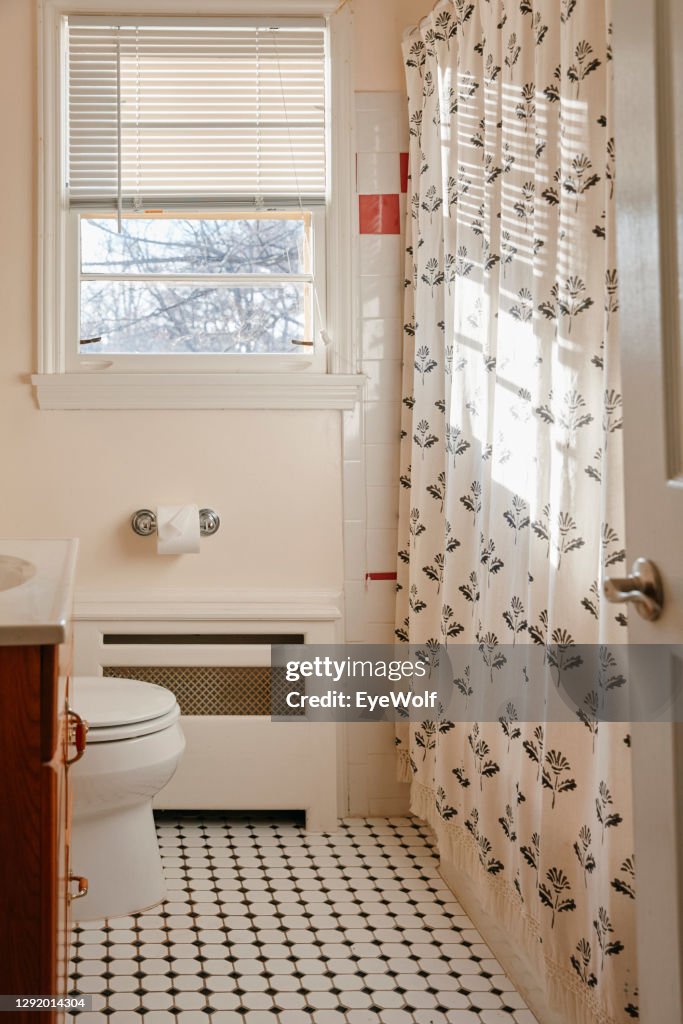 Interior shot of a bathroom in a rustic style home.