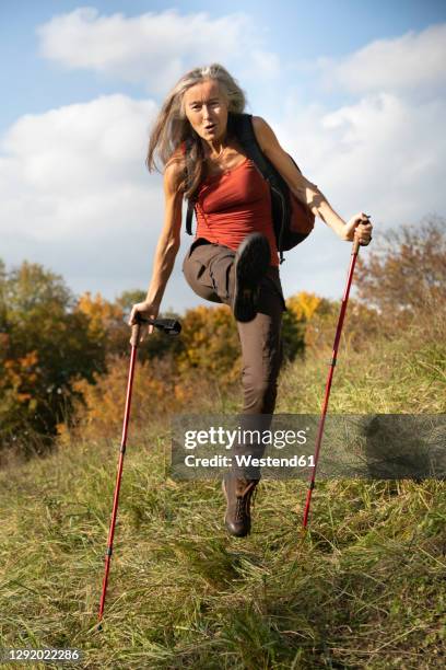 playful woman with hiking pole and backpack jumping on mountain at alpine foothills, germany - hiking pole foto e immagini stock