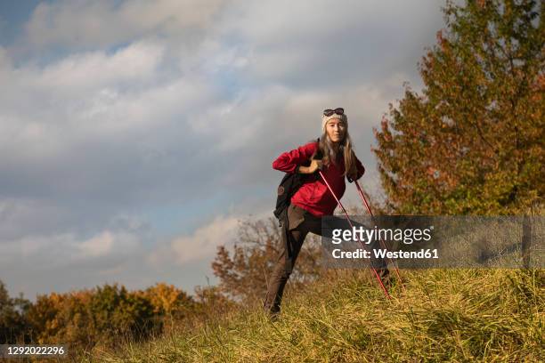 mature woman with hiking pole and backpack walking on mountain at alpine foothills, germany - hiking pole stock-fotos und bilder