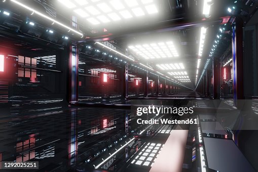 Three dimensional render of illuminated interior inside spaceship or space station Three dimensional render of illuminated interior inside spaceship or space station
