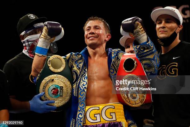 Gennadiy Golovkin celebrates defeating Kamil Szeremeta in their IBF Middleweight title bout at Seminole Hard Rock Hotel & Casino on December 18, 2020...