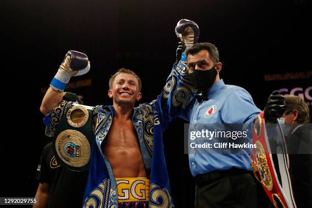 Gennadiy Golovkin celebrates defeating Kamil Szeremeta in their IBF Middleweight title bout at Seminole Hard Rock Hotel & Casino on December 18, 2020...