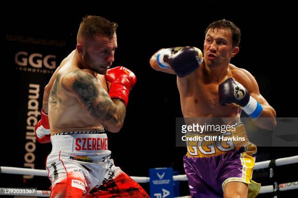 Gennadiy Golovkin lands a blow to Kamil Szeremeta in their IBF Middleweight title bout at Seminole Hard Rock Hotel & Casino on December 18, 2020 in...