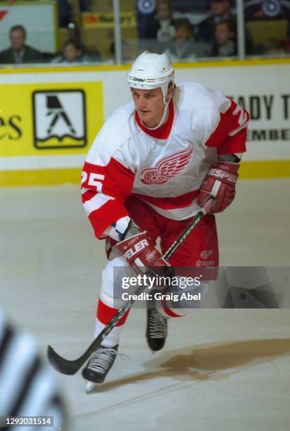 Darren McCarty of the Detroit Red Wings skates against the Toronto Maple Leafs during NHL game action on November 2, 1996 at Maple Leaf Gardens in...