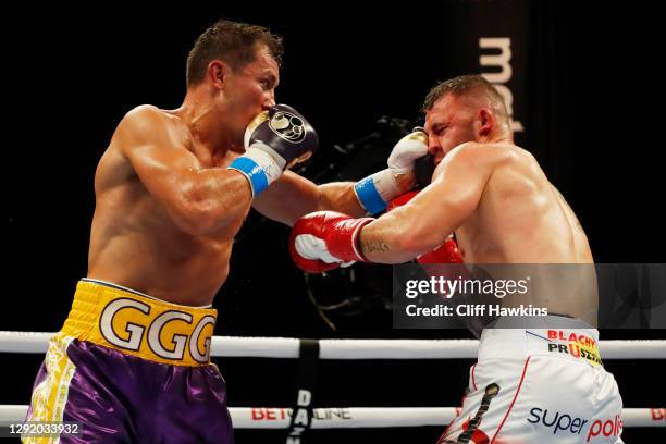 Gennadiy Golovkin lands a blow to Kamil Szeremeta in their IBF Middleweight title bout at Seminole Hard Rock Hotel & Casino on December 18, 2020 in...