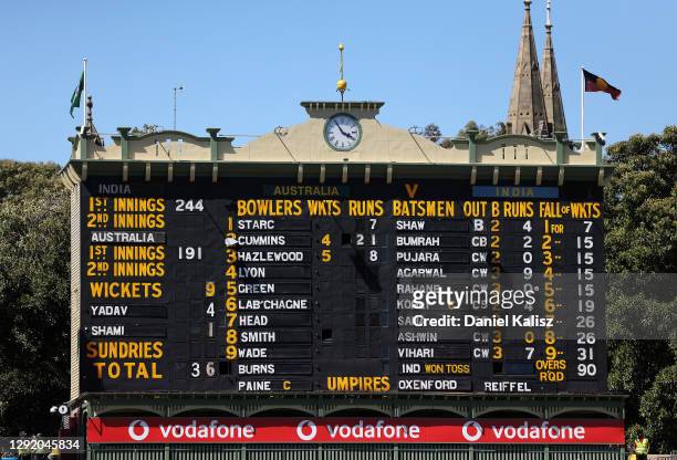 General view of the old scoreboard at the end of the Indian second innings during day three of the First Test match between Australia and India at...