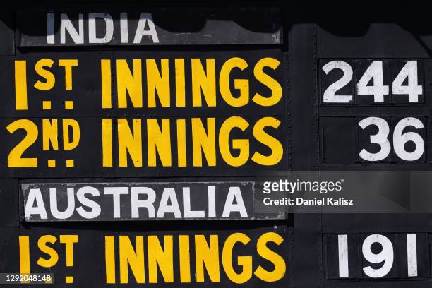 General view of the scoreboard after the Indian second innings during day three of the First Test match between Australia and India at Adelaide Oval...