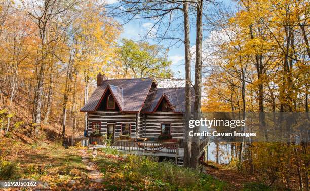 log cabin cottage in the woods in ontario, canada on a fall day. - cabaña de madera fotografías e imágenes de stock