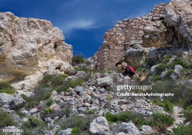 woman hiking near selmun, malta - malta wandern stock-fotos und bilder
