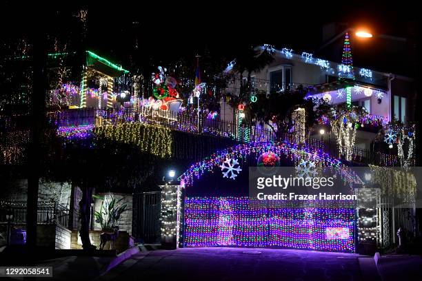 Homes are decorated with Christmas lights in the neighborhood of Hastings Ranch, Pasadena on December 18, 2020 in Pasadena, California
