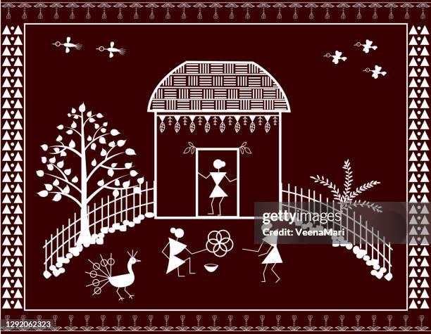 warli art background - wall decor stock illustrations