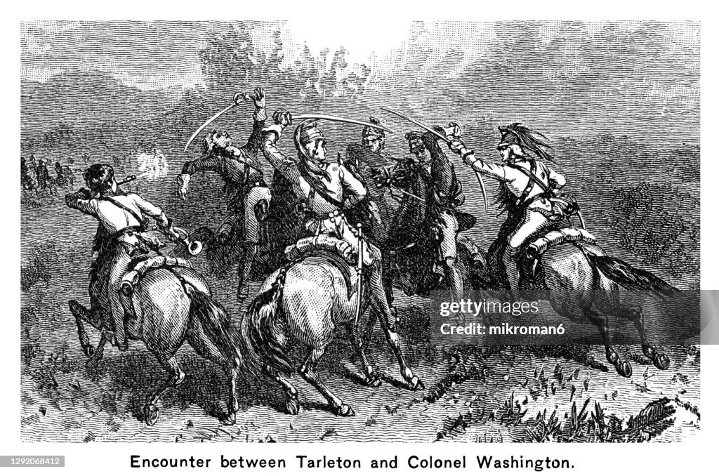 Engraved illustration of the Battle of Cowpens, Encounter between British Colonel Banastre Tarleton and Colonel William Washington