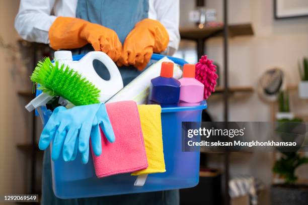 woman holding cleaning products - cameriera foto e immagini stock