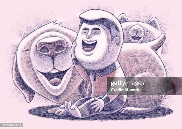 little boy laughing with dog cat - house cat mouth open drawing stock illustrations