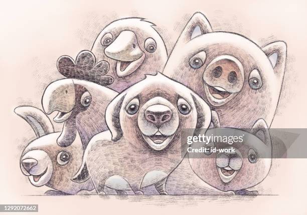 cheerful domestic animals gathering - piglet stock illustrations