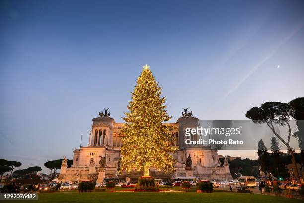 a suggestive view at dusk of piazza venezia in the historic heart of rome with a large christmas tree - christmas in rome stock pictures, royalty-free photos & images