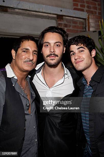 Nightlife mogul Nur Khan, actor Jack Huston and actor Darren Criss attend the soft opening of The Writers Room on October 13, 2011 in Los Angeles,...