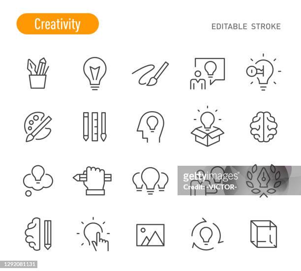 illustrazioni stock, clip art, cartoni animati e icone di tendenza di icone creatività - serie linea - tratto modificabile - scoperta