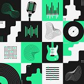 Abstract art composition with various geometric shapes, objects and musical instruments. Poster design. Music concept. Graphic design for backdrop, banner, brochure, leaflet or signboard.
