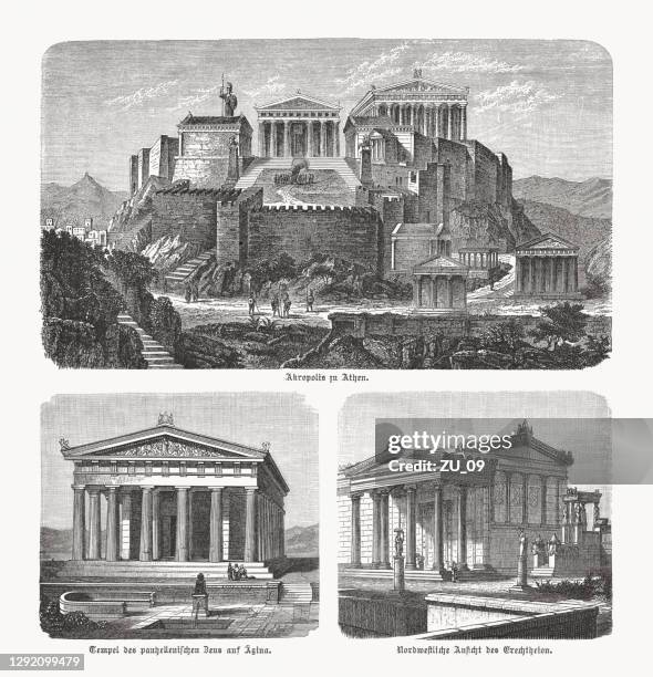 greek architecture (visual reconstructions), wood engravings, published in 1893 - ancient stock illustrations