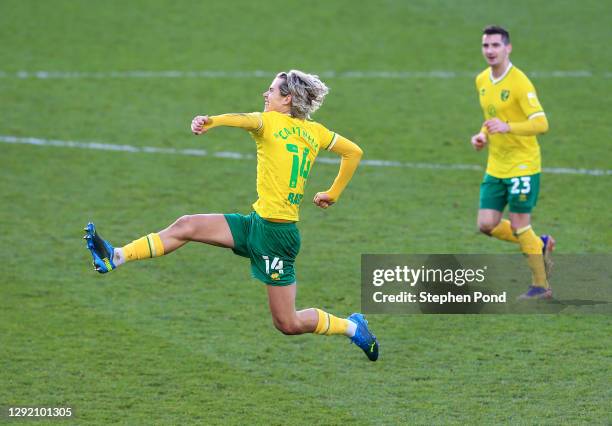 Todd Cantwell of Norwich City celebrates after scoring their sides second goal during the Sky Bet Championship match between Norwich City and Cardiff...