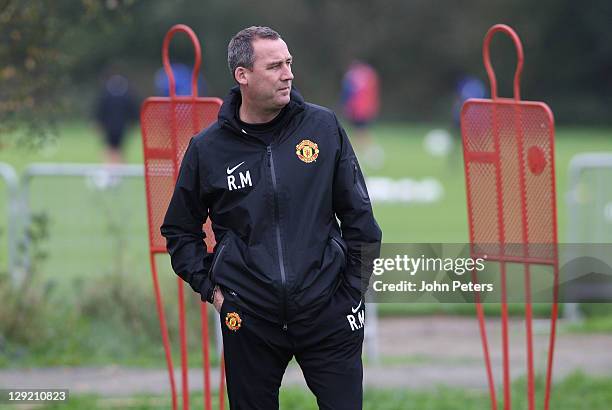 First Team Coach Rene Meulensteen of Manchester United in action during a first team training session at Carrington Training Ground on October 14,...