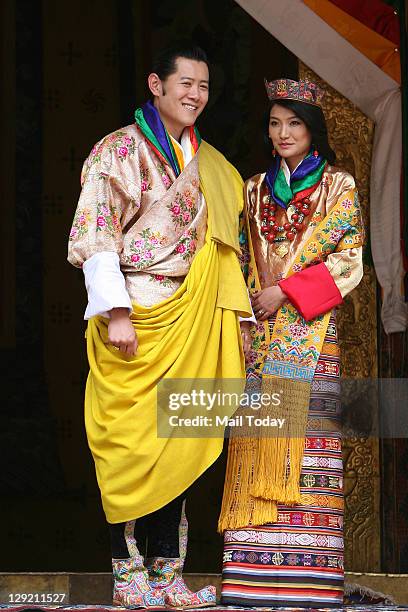 Bhutan King Jigme Khesar Namgyal Wangchuck and Queen Jetsun Pema after their wedding at the Punakha Dzong in Punakha, Bhutan, Thursday, October 13,...