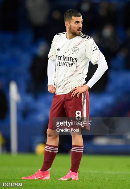 Dani Ceballos of Arsenal reacts after they concede their first goal during the Premier League match between Everton and Arsenal at Goodison Park on...