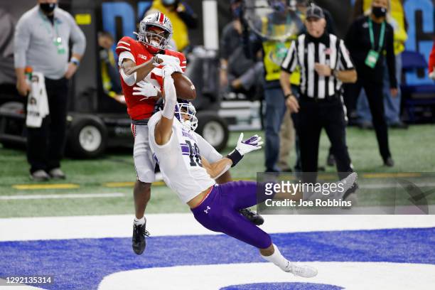 Brandon Joseph of the Northwestern Wildcats intercepts a pass in the end zone intended for Garrett Wilson of the Ohio State Buckeyes in the second...