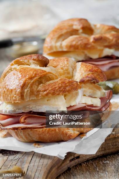 ham and brie croissant sandwiches with dijon mustard - camambert stock pictures, royalty-free photos & images