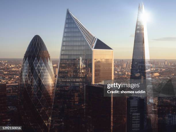 multi layered cityscape of london city skyscrapers - gherkin shard london stock pictures, royalty-free photos & images