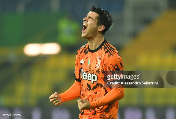 Alvaro Morata of Juventus F.C. Celebrates after scoring their team's fourth goal during the Serie A match between Parma Calcio and Juventus at Stadio...