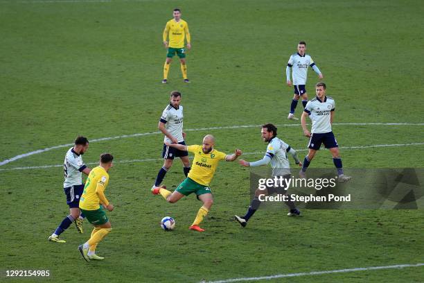 Teemu Pukki of Norwich City shoots during the Sky Bet Championship match between Norwich City and Cardiff City at Carrow Road on December 19, 2020 in...