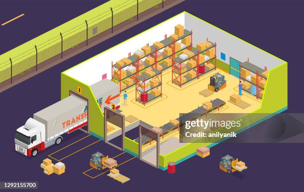illustrazioni stock, clip art, cartoni animati e icone di tendenza di magazzino isometrico - scompartimento di immagazzinaggio