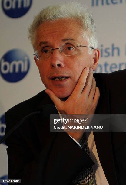 British Midland International Chief Executive Officer Wolfgang Prock-Schauer addresses media reperesentatives during a press conference in Amritsar...