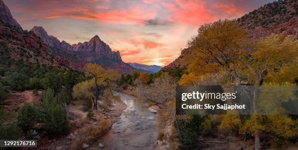 zion national park in autumn sunrise hikie with river along the way - arizona mountains stock pictures, royalty-free photos & images