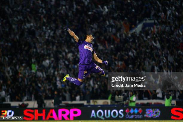Goalkeeper Jonathan Orozco of Monterrey celebrates during the final match of the 2010 Apertura Tournament between Monterrey against Santos at the...