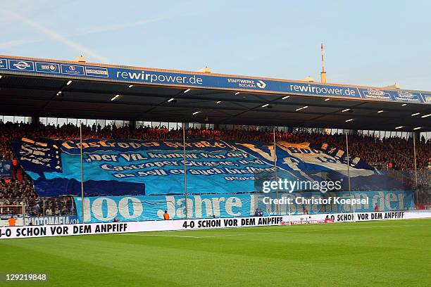 Fans of Bochum show a choreography during the Second Bundesliga match between VfL Bochum and Eintracht Frankfurt at Rewirpower stadium on October 14,...