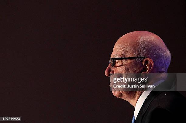 News Corp. CEO Rupert Murdoch pauses as he delivers a keynote address at the National Summit on Education Reform on October 14, 2011 in San...
