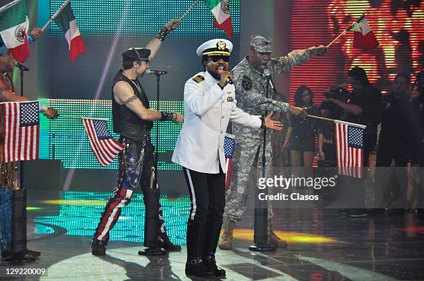 Lead singer Ray Simpson performing with the 2011 line-up of disco group Village People as special guest in the concert of The Academy in Mexico City,...