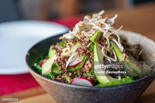 traditioneller avocadosalat mit quinoa - sojabohnensprosse stock-fotos und bilder