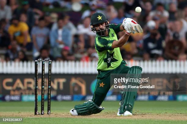 Mohammad Hafeez of Pakistan hits the ball during game two of the International T20 series between New Zealand and Pakistan at Seddon Park on December...