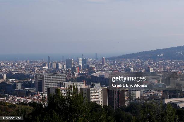 General view of the Barcelona skyline with the Camp Nou Stadium during the La Liga Santander match between FC Barcelona and Valencia CF at Camp Nou...